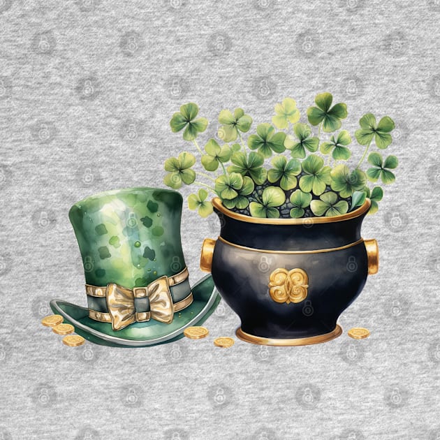 Leprechaun Hat and A Pot of Gold Coins and Clover by mw1designsart